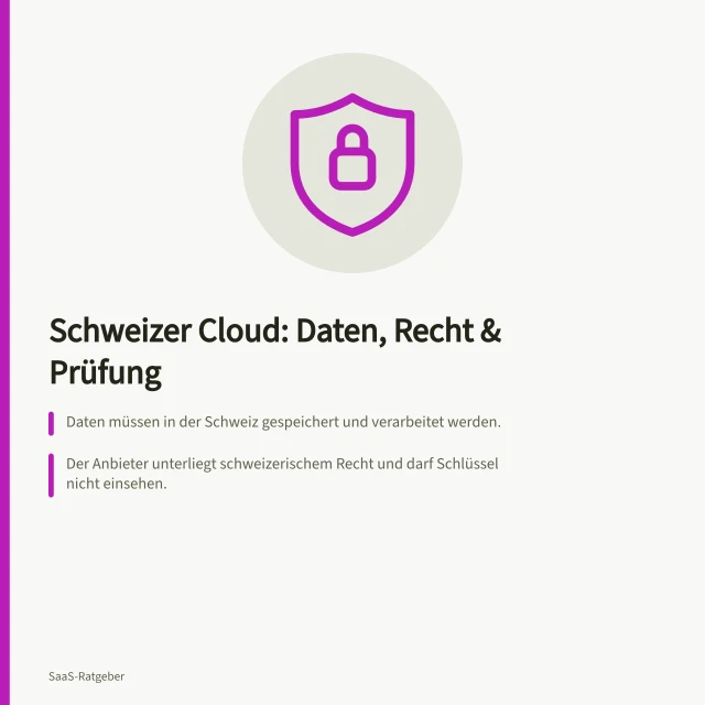 Schweizer Cloud: Daten, Recht & Prüfung: Daten müssen in der Schweiz gespeichert und verarbeitet werden.; Der Anbieter unterliegt schweizerischem Recht und darf Schlüssel nicht einsehen.; Für Behörden gilt die Privatim-Resolution: Schlüsselzugriff muss ausgeschlossen sein. Schweizer Cloud-Dienste: Datenhaltung, Recht und Anbieterprüfung