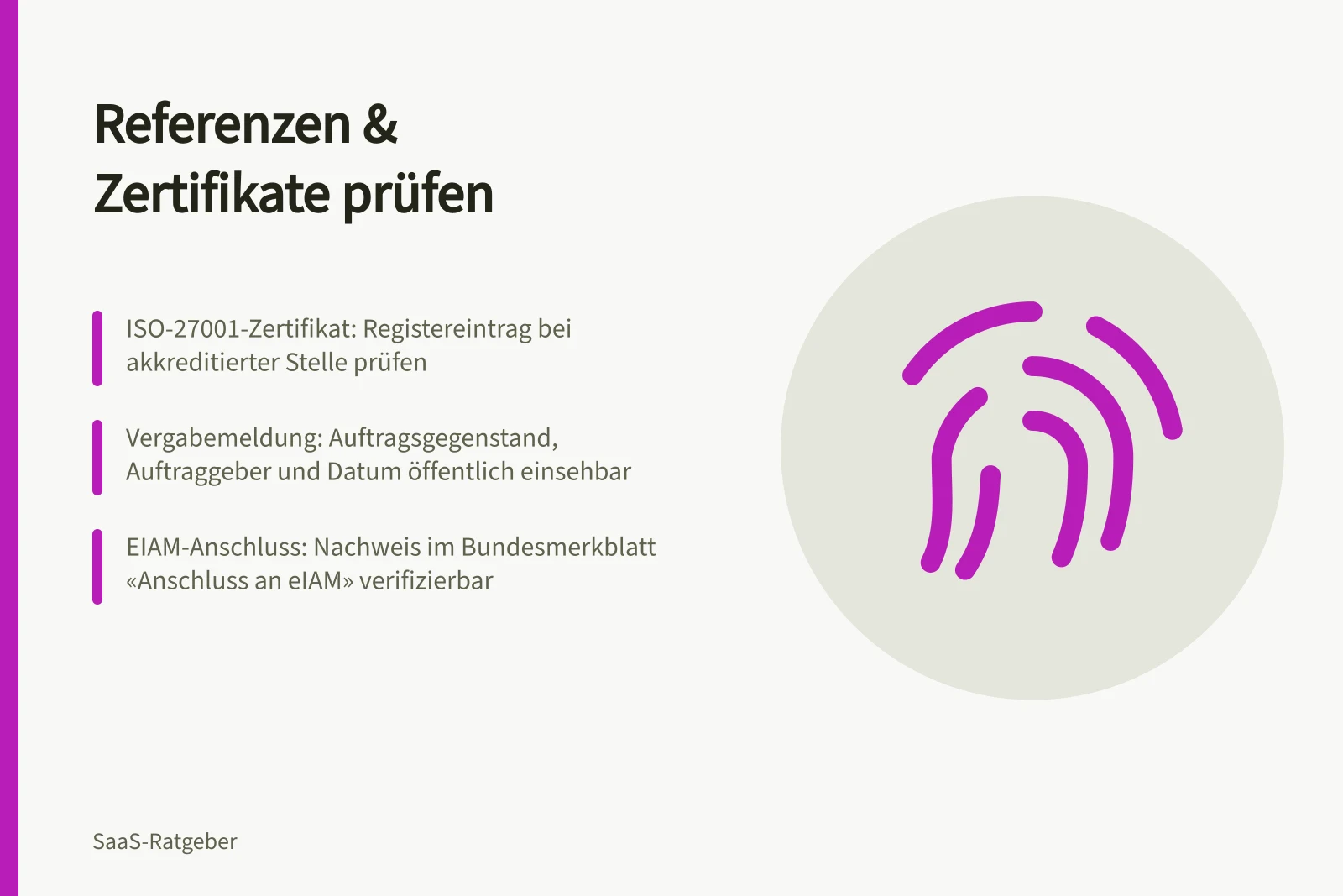 Referenzen & Zertifikate prüfen: ISO-27001-Zertifikat: Registereintrag bei akkreditierter Stelle prüfen; Vergabemeldung: Auftragsgegenstand, Auftraggeber und Datum öffentlich einsehbar; eIAM-Anschluss: Nachweis im Bundesmerkblatt «Anschluss an eIAM» verifizierbar