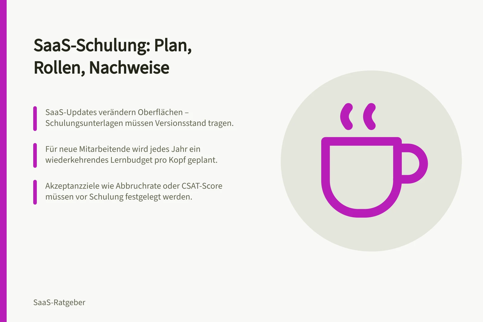 SaaS-Schulung: Plan, Rollen, Nachweise: SaaS-Updates verändern Oberflächen – Schulungsunterlagen müssen Versionsstand tragen.; Für neue Mitarbeitende wird jedes Jahr ein wiederkehrendes Lernbudget pro Kopf geplant.; Akzeptanzziele wie Abbruchrate oder CSAT-Score müssen vor Schulung festgelegt werden.