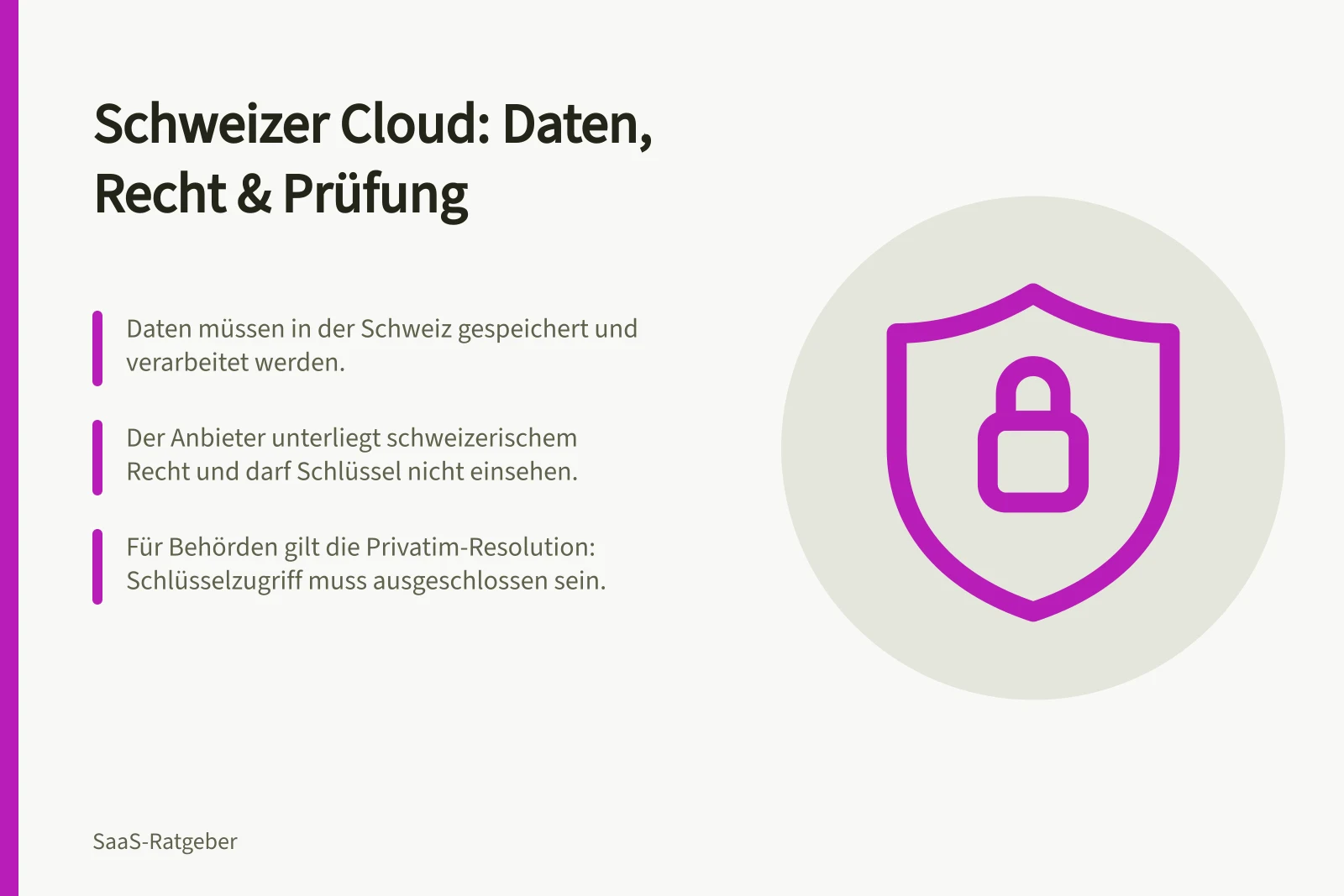 Schweizer Cloud: Daten, Recht & Prüfung: Daten müssen in der Schweiz gespeichert und verarbeitet werden.; Der Anbieter unterliegt schweizerischem Recht und darf Schlüssel nicht einsehen.; Für Behörden gilt die Privatim-Resolution: Schlüsselzugriff muss ausgeschlossen sein.